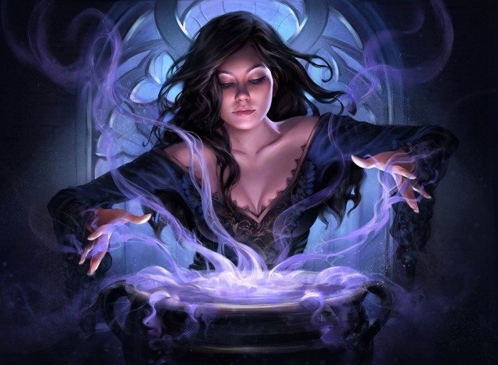 Witch casting a spell over a cauldron