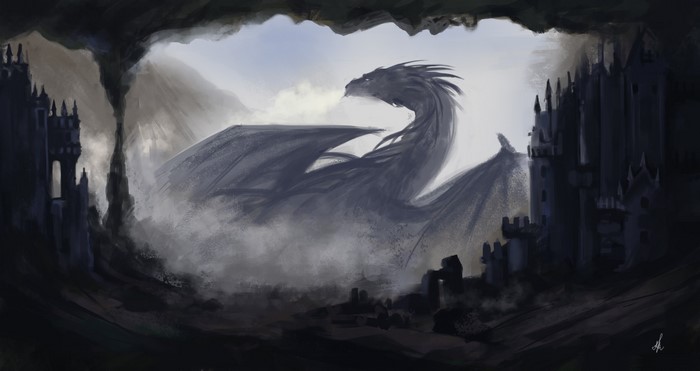 Dragon emerging from a cave overlooking a ruined castle