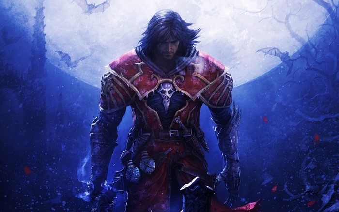Castlevania character in front of a full moon
