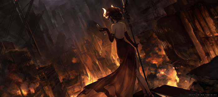 Woman with horns and dress in burning city