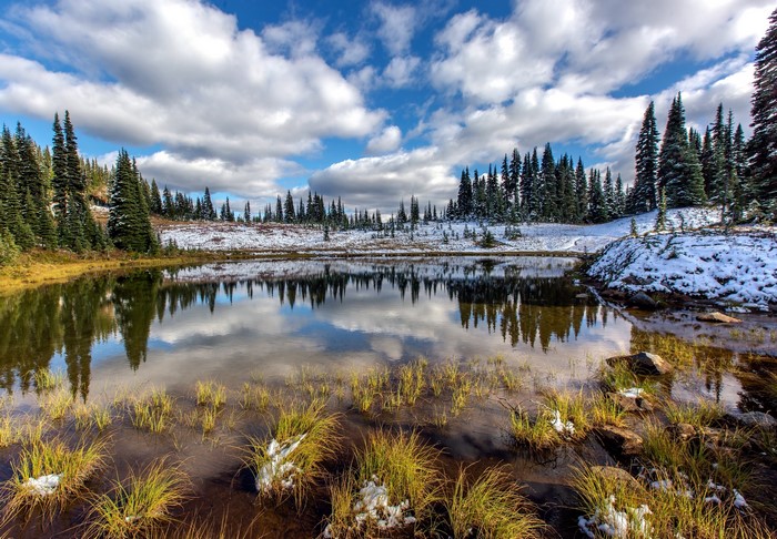 Lake with snow-dusted trees and cloudy sky reflection
