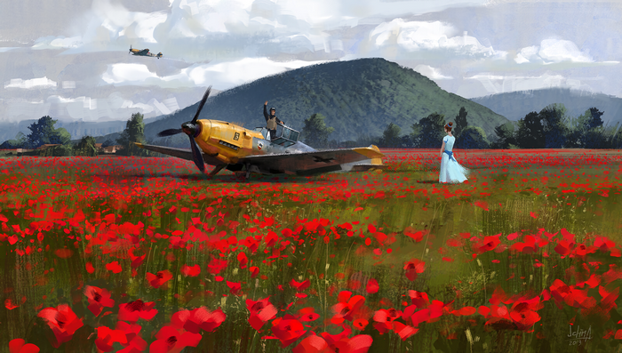 Pilot and woman in a poppy field with Messerschmitt Bf 109