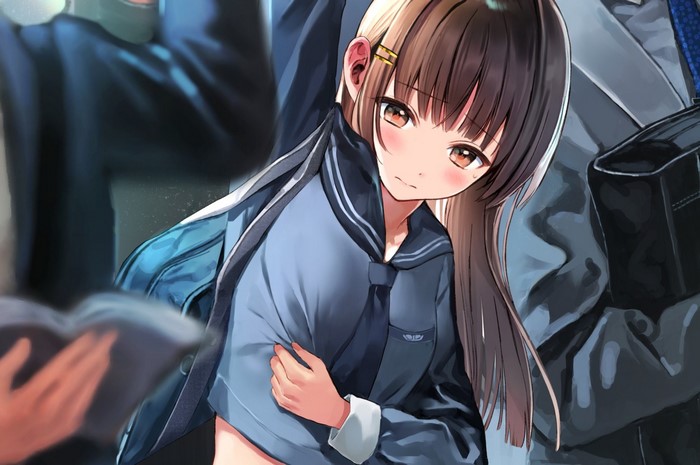 Anime girl in school uniform on a crowded train