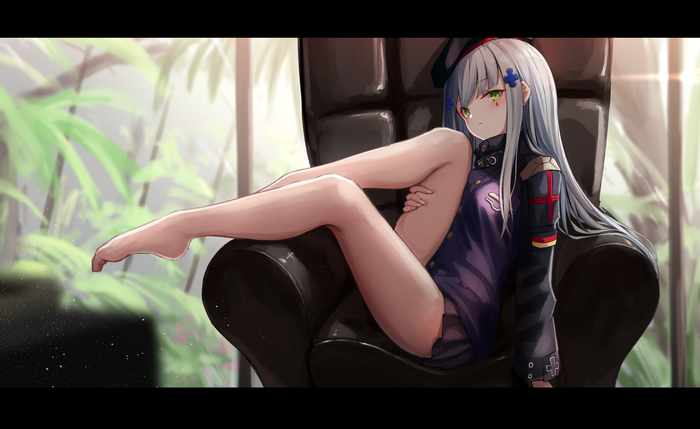 HK416 from Girls Frontline sitting on a chair