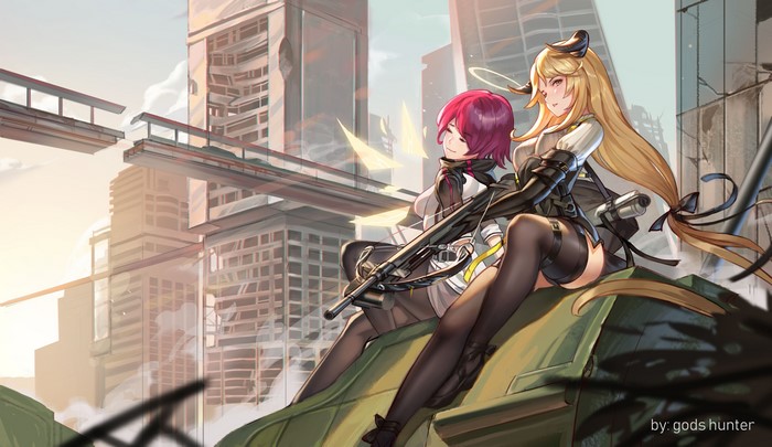 Exusiai and Meteorite from Arknights in a ruined city