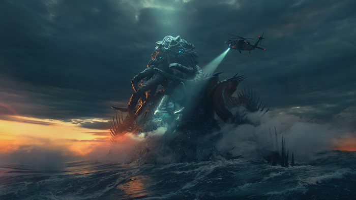 Cthulhu creature and helicopter in the ocean