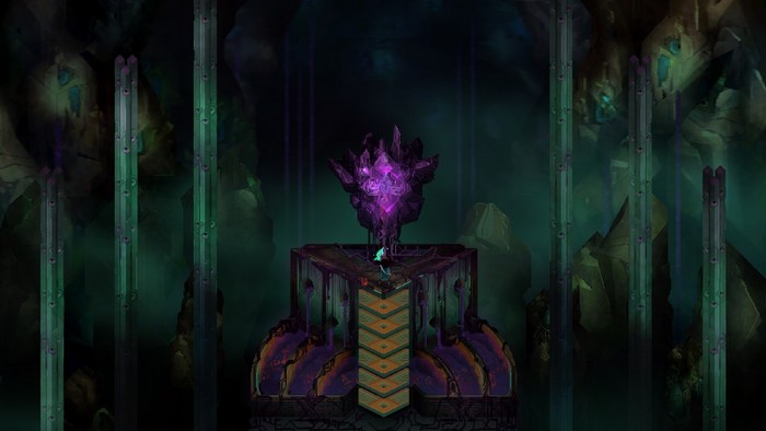 Children of Morta character on a platform with purple crystals