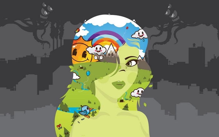 Woman with nature and cityscape inside her head