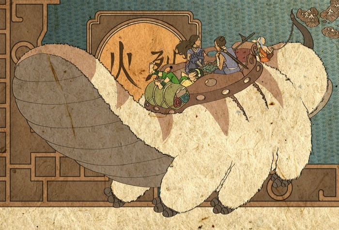 Appa carrying Aang, Katara, Sokka, and Toph from Avatar: The Last Airbender