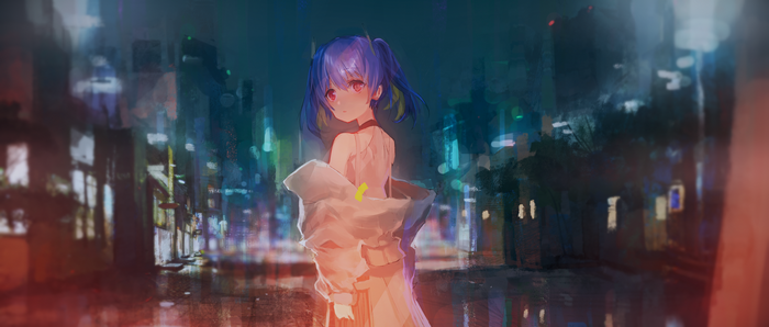 Anime girl with blue hair and red eyes in a city at night