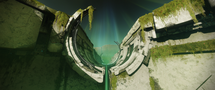 Destiny 2 ruins with green light beams