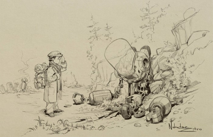 Child with backpack near destroyed robot in nature