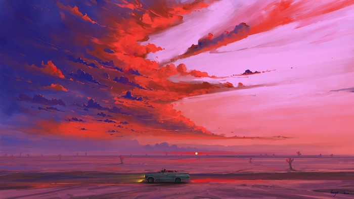 Car driving through a desert at sunset with dramatic clouds