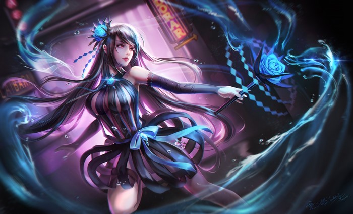 Girl with blue rose magic staff