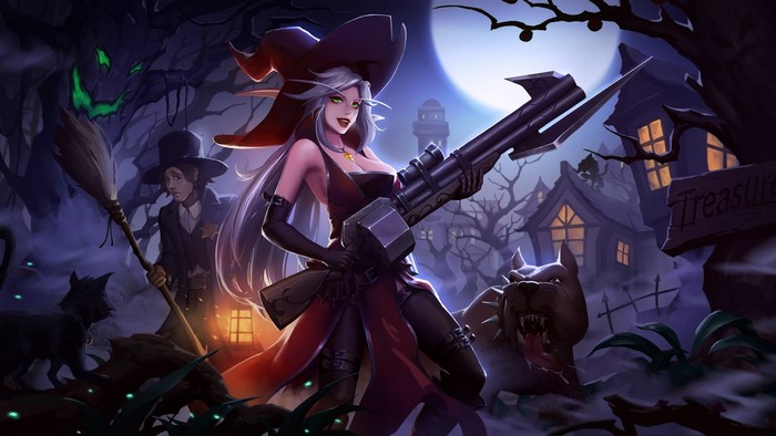 Witch with a rifle and a dog in a spooky village