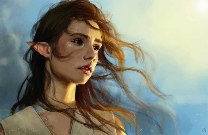 Fantasy elf girl with long hair in the wind