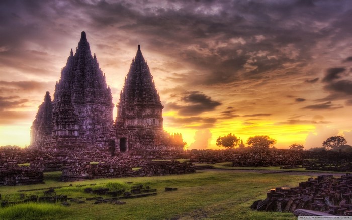 Prambanan Temple complex at sunset in Yogyakarta, Indonesia