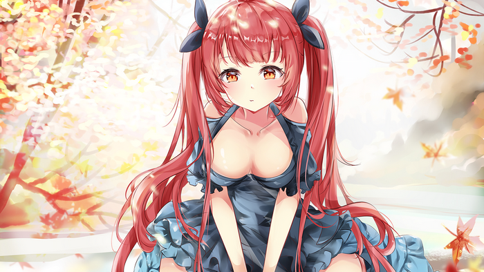 Anime girl with red hair and cleavage