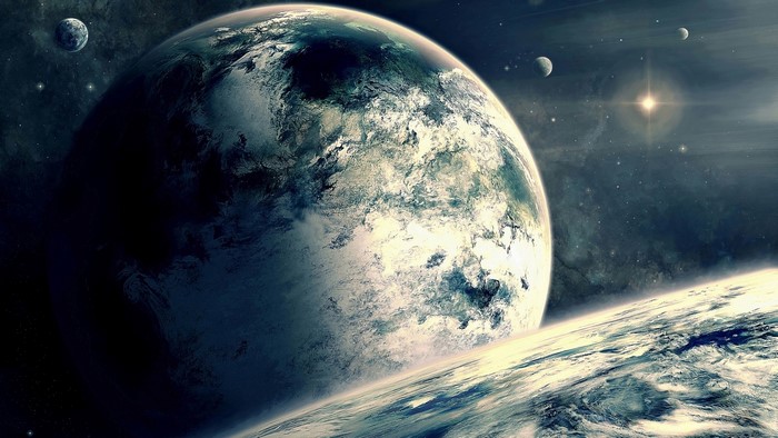 Planets and moons in deep space with a bright star