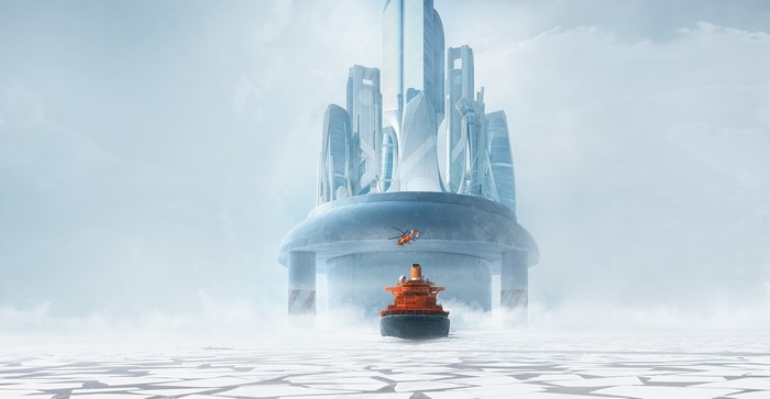 Icebreaker ship and helicopter near futuristic city in ice