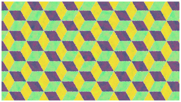 Geometric 3D cube pattern with yellow, green, and purple colors