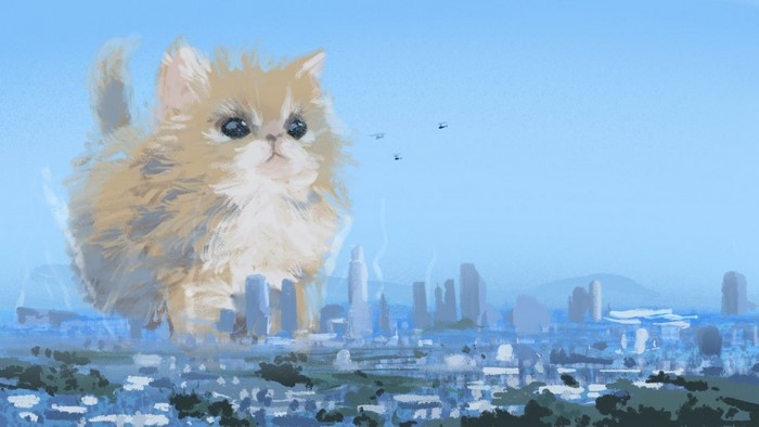 Giant fluffy kitten over a city with helicopters