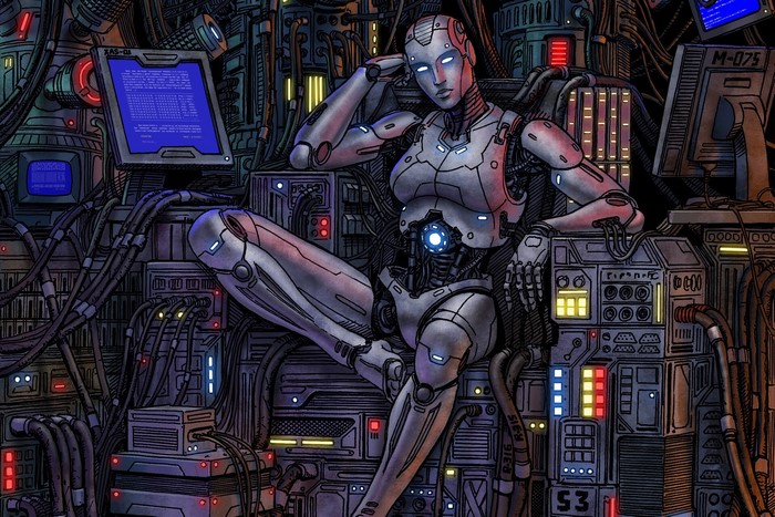 Robot in a futuristic server room