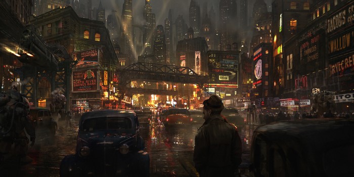 Dieselpunk city street with cars and signs
