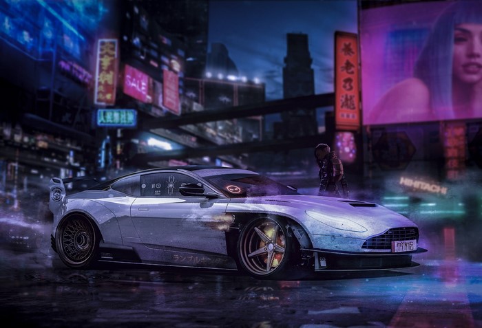 Cyberpunk Aston Martin in futuristic city