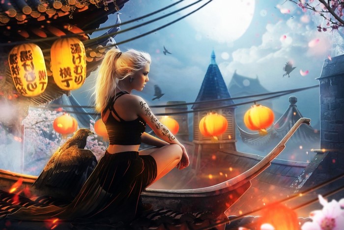 Fantasy girl with eagle on rooftop with lanterns