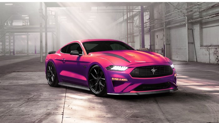 4K artwork of a pink and purple Ford Mustang