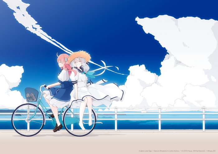 Sakura Minamoto & Junko Konno from Zombieland Saga on a bicycle