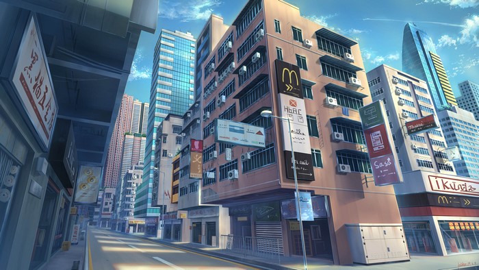 Anime cityscape with McDonald's and HSBC signs