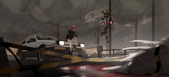 Anime girl on Toyota AE86 at railroad crossing