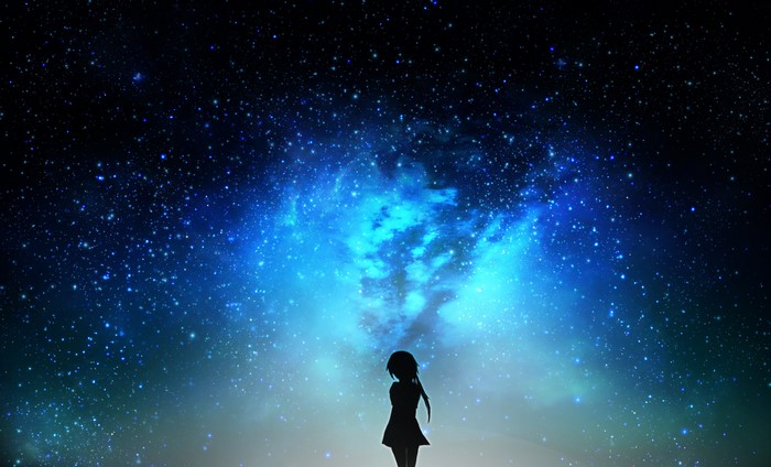 Anime girl silhouette under a starry night sky