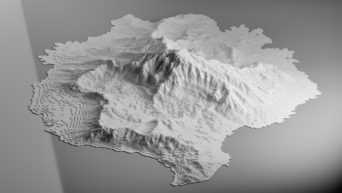 Monochrome digital art of voxel mountains landscape