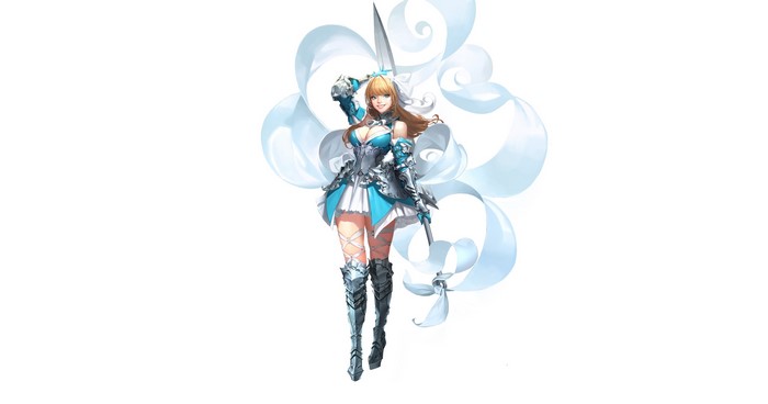 Fantasy girl with sword and blue ribbons