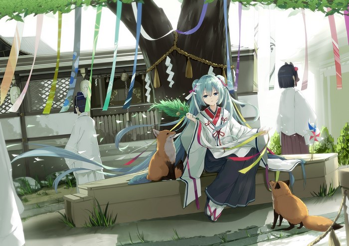 Anime girl with foxes at a shrine