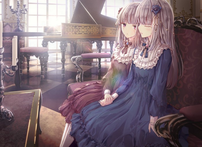 Two anime girls in Victorian dresses in a ballroom