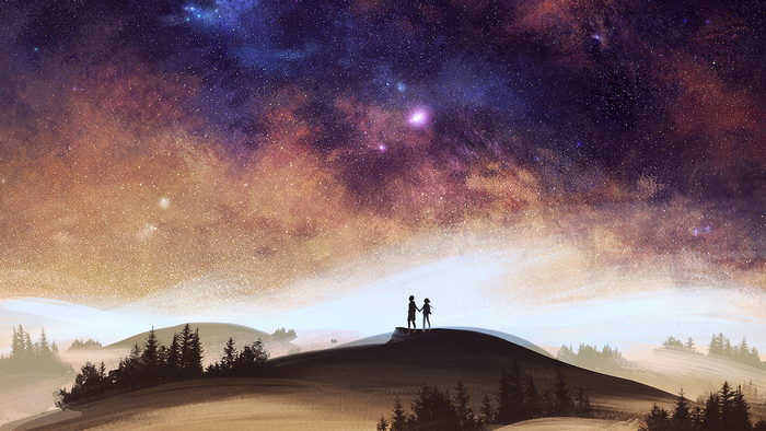 Couple holding hands under a starry sky