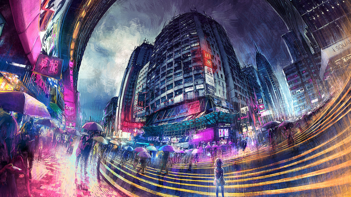 Cyberpunk Cityscape at Night with Umbrellas