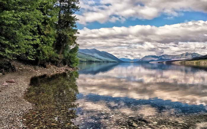 Lake McDonald with mountains and clouds