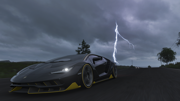 Lamborghini Centenario in Forza Horizon 4 during a thunderstorm