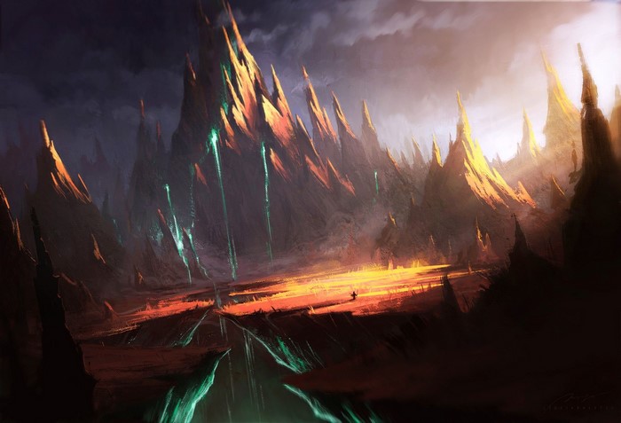 Fantasy landscape with sharp mountains and glowing rivers