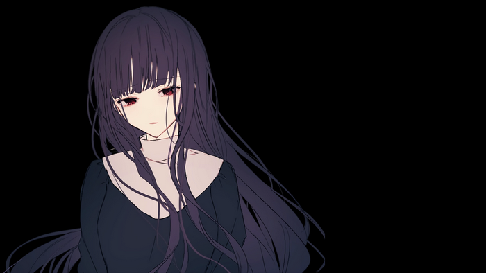 Anime girl with long dark hair and red eyes