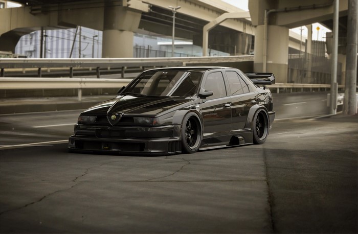 4K render of a black Alfa Romeo 155 widebody