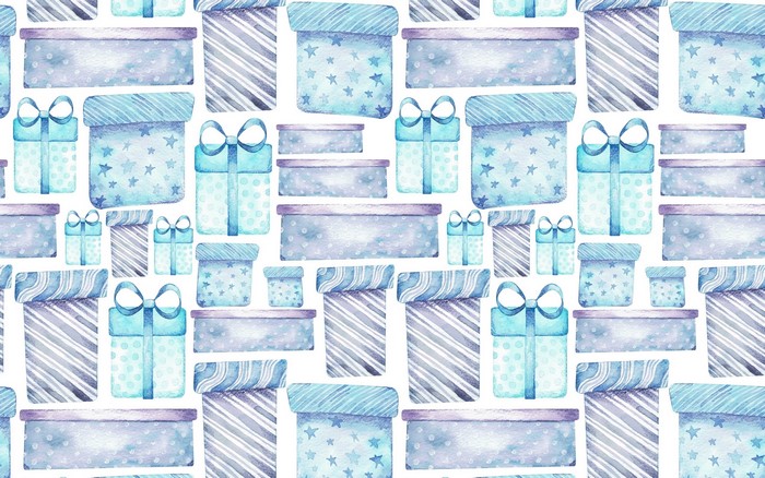Watercolor pattern of blue and purple gift boxes