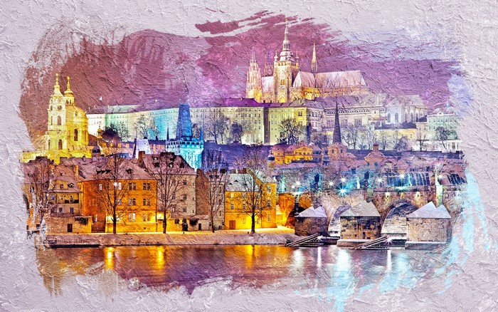 Colorful artwork of Prague cityscape with river