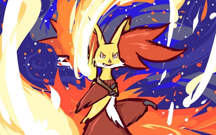 Delphox from Pokémon surrounded by fire