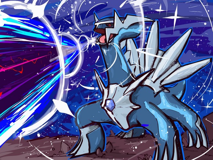 Dialga from Pokémon using a powerful attack